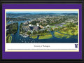 Picture: Washington Huskies Husky Stadium and the University of Washington 13.5 X 40 panoramic poster professionally double matted in team colors and framed to 18 X 44. This aerial panorama of the University of Washington was taken by Christopher Gjevre during a Washington Huskies football game. Centered in the photo is the newly-renovated Husky Stadium, which originally opened in 1920. It is the most scenic football structure in the nation, with seating capacity for 70,138 fans. Overlooking Union Bay on scenic Lake Washington to the east and the Olympic Mountains to the west, the stadium is unique in that fans can attend games by boat. The Portage Bay waterway and the nationally ranked University Medical Center are left of the stadium. Hec Edmundson Pavilion, the main campus, and the UW Tower are to the right.