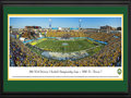 Picture: North Dakota State Bison Toyota Stadium 13 X 40 panoramic print professionally double matted in team colors and framed to 18 X 44. This panorama, taken by Christopher Gjevre, spotlights the North Dakota State Bison playing their third consecutive tournament title game against the newcomer Towson Tigers. Nothing was going to satisfy the Bison but perfection, and perfect they were. The Bison whipped Towson 35-7 before a rocking 19,802 fan base at Toyota Stadium to complete a perfect season and become the second Football Championship Subdivision (FCS) program to win a third straight national championship. Overall, the Bison were 43-2 the last three seasons, and their senior class was 52-7 with four straight trips to at least the FCS quarterfinals.