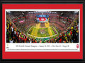 Picture: Ohio State Buckeyes 13.5 X 40 National Championship Stadium Panoramic Poster professionally double matted in team colors and framed to 18 X 44 and ready to hang on your wall as is! An awesome gift to that huge Buckeye fan. 2014 Football National Champions - January 12, 2015 - Ohio State 42 - Oregon 20. Not at Ohio Stadium but nonetheless a great win in Ohio State Buckeyes history at A T & T Stadium in Arlington, Texas. This panorama, taken by Christopher Gjevre, spotlights the celebration of a new era and the biggest college football game of the year, the 1st annual College Football Championship Game, between the two top ranked teams of the 2014 season - the Ohio State Buckeyes and the Oregon Ducks. No stranger to adversity, the Buckeyes completed a remarkable in-season turnaround (14-1) and began the first major college football playoff as an underdog, the fourth and final seed, yet, became the truest champion big-time football has ever crowned. With this win, Ohio State captured the night, made history and claimed their eighth national title; soundly ending the year-long debate to determine the best team in the 2014 college football season.