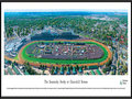 Picture: Kentucky Derby at Churchill Downs panoramic poster professionally framed to 13.75 X 40.25. This aerial panoramic photograph of Churchill Downs was taken from a helicopter during the running of the Kentucky Derby. The Kentucky Derby has run continuously at Churchill Downs since the track's inaugural race meet on May 17, 1875. A new grandstand was completed in 1895, complimented by the Twin Spires atop the roof. The Twin Spires would become the symbol of Churchill Downs and the Kentucky Derby. A 7/8-mile turf track lies inside of a one-mile dirt track. The Kentucky Derby has been referred to as the "greatest two minutes in sports" and was first telecast nationally in 1952.