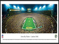 Picture: This panorama has been professionally framed to 13.75 X 40.25. It highlights the Green Bay Packers playing a victorious Sunday night game at the historic Lambeau Field. The Packers home field was dedicated as City Stadium on September 29, 1957, and renamed Lambeau Field in 1965 in tribute to Curly Lambeau. In 2007, the Packers celebrated the 50th anniversary of the opening of Lambeau Field. The Green Bay Packers have won more championships than any other team in the National Football League. The Super Bowl trophy, awarded each year to the winning team of the the NFL's championship game, was renamed in 1970 in memory of Vince Lombardi, legendary head coach of the Green Bay Packers. From the NFL Stadiums collection.