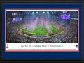 Picture: This 13.5 X 40 panorama has been professionally double matted in team colors and framed to 18 X 44. It spotlights a thrilling victory, as the New England Patriots defeat the Seattle Seahawks and win their fourth Super Bowl in franchise history. In the final 12 minutes of the game, the Patriots turned the tables and rallied from a 10-point deficit. To seal the deal, a stunning interception by an undrafted rookie preserved New England’s 28-24 lead. It was one of the most sensational fourth quarter rallies on record and, after four crazy quarters, the night went to New England, with the Patriots and fans basking in the glory of victory. From the NFL Stadiums collection.