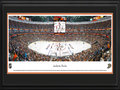 Picture: This 13.5 X 40 panorama has been professionally double matted in Anaheim Ducks team colors and framed to 18 X 44. It spotlights a thrilling night of ice hockey as the Anaheim Ducks face off against the Colorado Avalanche at Honda Center in Anaheim. Founded in 1993, the Ducks brought professional hockey to Orange County. With a commitment to achieving excellence and a dedication to thrilling fans, the Ducks have emerged as a perennial National Hockey League favorite, racking up several Playoff appearances and a Stanley Cup win in their relatively short career. The evening’s unveiling of a 3rd orange jersey is depicted here, being celebrated by both the team and their loyal fans.