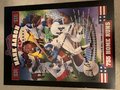 Picture: This is a Hank Aaron Atlanta Braves SGA 18 X 24 Poster only available in Atlanta at Fulton County Stadium in 1994 to celebrate the 20 Year Anniversary of Aaron's 715th Home Run. Issued over 25 years ago, this is the most comprehensive poster of Aaron's career and was issued by the Atlanta Braves. It lists all his greatest career achievements including being first All-Time with 2297 Career RBI, first all time in extra base hits with 1,477 and first all-time in career total bases with 6856-7o0 more than anyone else. They say records are made to be broken, but 45 years since he stopped playing and over 25 years since this poster was issued he still holds these records and that is even through the steroid era when already great players were being assisted and they still could not equal him. In excellent shape with no pin holes or tears. Near the bottom left corner, not on image area but on far left side there is a little mark on the poster. Only available in Atlanta at Fulton County Stadium. This is NOT hand-signed by Aaron. He obviously signed the original and his signature was replicated on the poster.